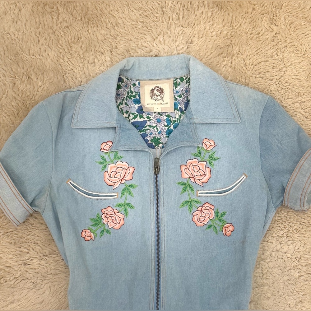 Chasing Unicorns Blue Floral Embroidered Romper - Picture 6 of 7